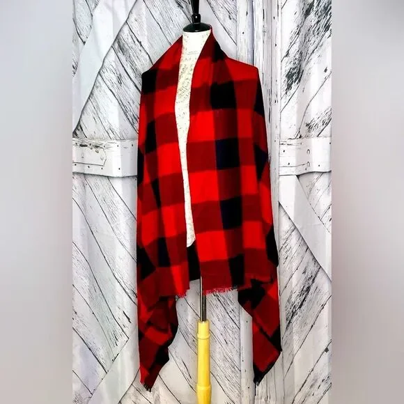 Sandro Paris Scarf Wool & Silk Blend Buffalo Checked Red Black
